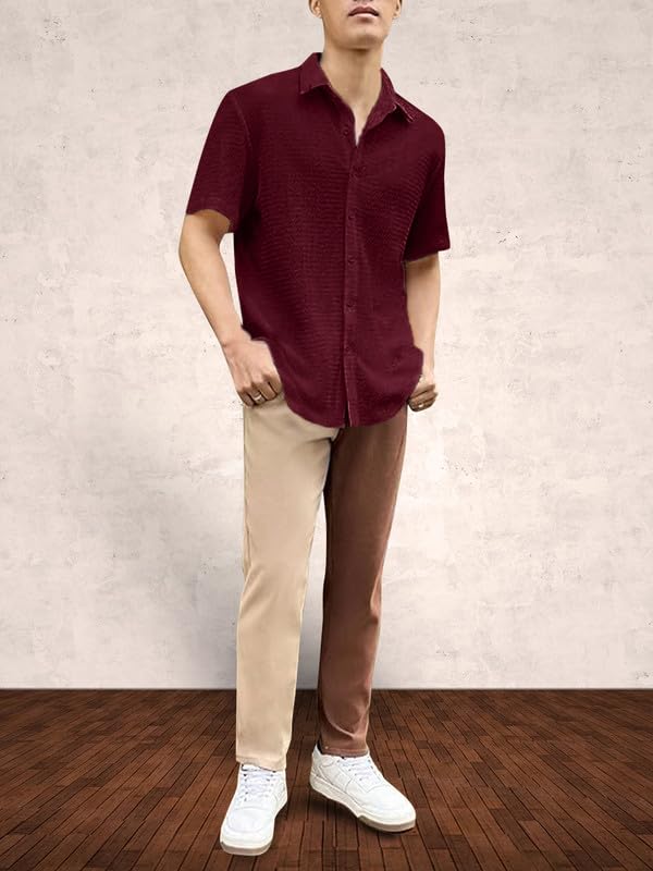 Image of Pinkmint Popcorn Shirt for Men Soild Slim Fit Sleeve Spread Collar Trendy Men Shirt Summer Wear Goa Wear Olive