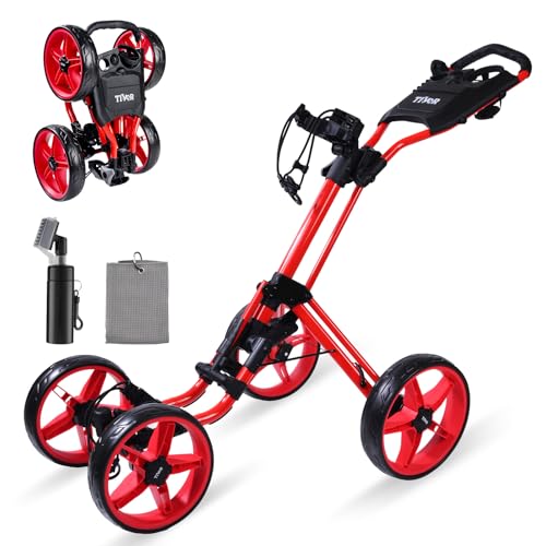 Tivor 4 Wheel Golf Push Cart - Aluminum Frame Lightweight One-Step Foldable Compact Design Portable Golf Bag Caddy with All-Terrain Wheels red