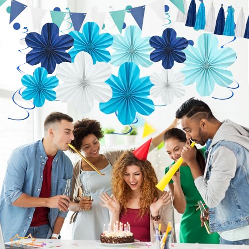 Image of Navy Blue Birthday Graduation Party Decoration 22 Pcs Hanging Paper Flower | Tassel Garland & Swirls for Wedding Bridal Showers Baby Shower Classroom Decor Backdrop Supplies Easy to Assemble Reusable