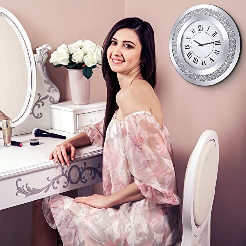 2 Pcs 20X20 Inch Crystal Crush Diamond Mirrored Clocks Round Decorative Mirror Wall Clock Crystal Sparkle Twinkle Bling Wall Decor For Living Room Bathroom Home Decoration, Aa Battery Not Included #TOP6