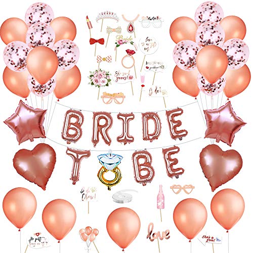 ASANMU Braut to Be Deko, 62 PCS Deko Ballons Rosegold Set, Fotobox Requisiten Hochzeit Junggesellenabschied Deko Bride to Be Girlande Deko Foto Booth Props für Tochter Mädchen Abschied Verlobung Party