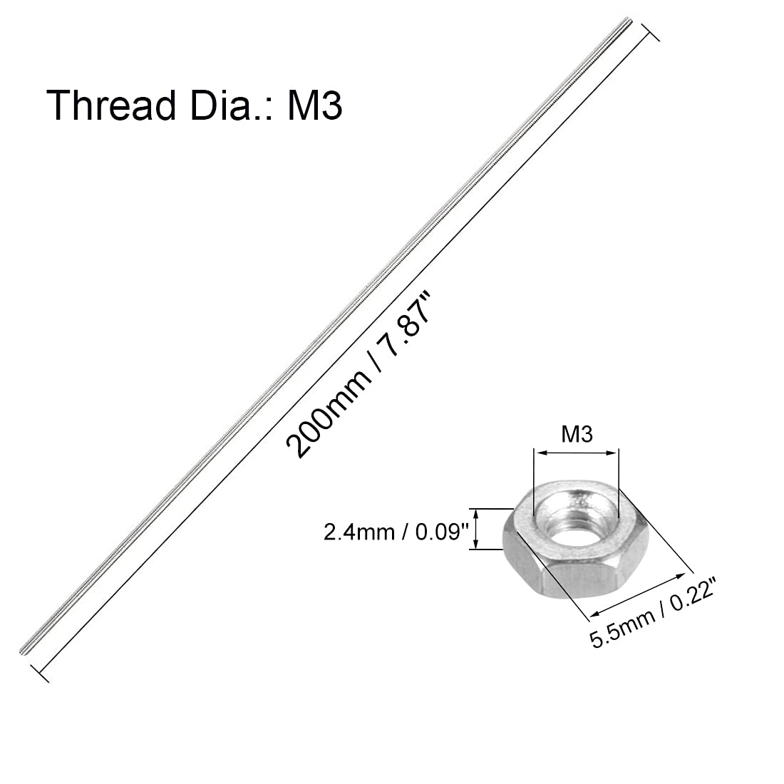 Fully Threaded Rod - 10pcs M3 x 200mm 304 Stainless Steel Threads Bar Studs Rods, 20pcs M3 x 0.5mm Metric Coarse Thread Hex Nuts — Amazon image 2