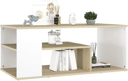 Miniatura 3 de Mesa de centro central, mesa central rústica de granja, adecuada para sala de estar, oficina, balcón, estudio blanco y roble Sonoma de 39.4 x 19.7 x