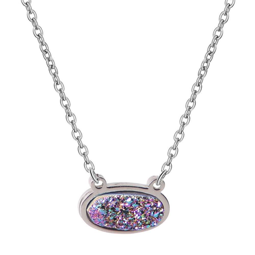 Ambrum Natural Crystal Drusy Necklace Stainless Steel Agate Pendant Necklaces Oval Gemstone Chakra Jewelry for Women