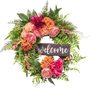 PGANDS Spring Wreaths for Front Door with Wooden Sign Peony Dahlia 20" Artificial Summer Wreath Floral Easter Decor for Indoor Outdoor Farmhouse Home Wall Window PGANDS Spring Wreaths for Front Door with Wooden Sign Peony Dahlia 20 Artificial Summer Wreath Floral Easter Decor for Indoor Outdoor Farmhouse Home Wall Window