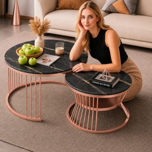Image of Brown Art SHOPPEE Round Coffee Table Home Decor Furniture Coffee Table Sets,2 Piece MDF Top,Stacking Nesting Table with Iron Frame for Living Room Living Room or Lounge (Rosegold Black)