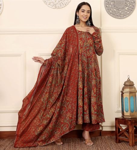Image of Womens Kurta Anarkali Suit with Dupatta Ethinic Traditional Floral Long Sleeve Dress Set, Printed Kurta Palazzo With Dupatta