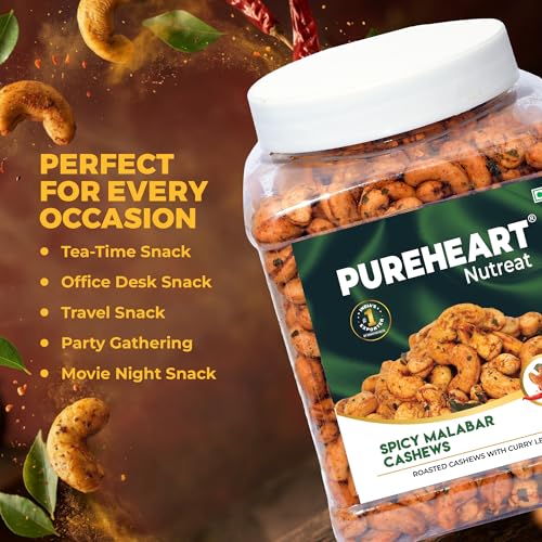 Image of Pureheart Spicy Malabar Cashews 1kg | Roasted Masala Kaju with Curry Leaves | Premium Crunchy Flavored Cashew Nuts | Healthy Snack, Protein Rich Dry Fruits | Spicy Roasted Nuts Pack