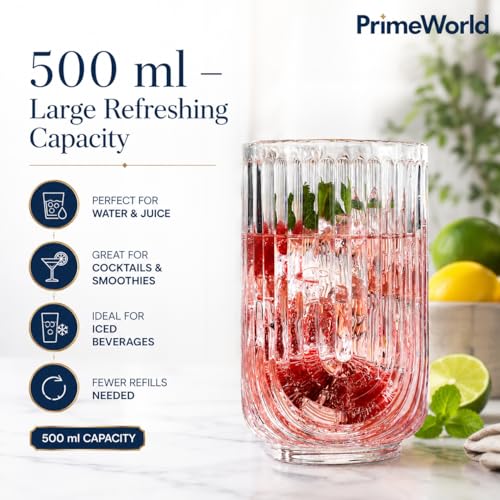 Image of PrimeWorld Vintage Ribbed Drinking Glasses Set of 4-520 ml | Heavy Big Size Art Deco U-Shape Arch Design Colored Glass Tumblers for Water, Juice, Cocktails | Decorative Party Glassware