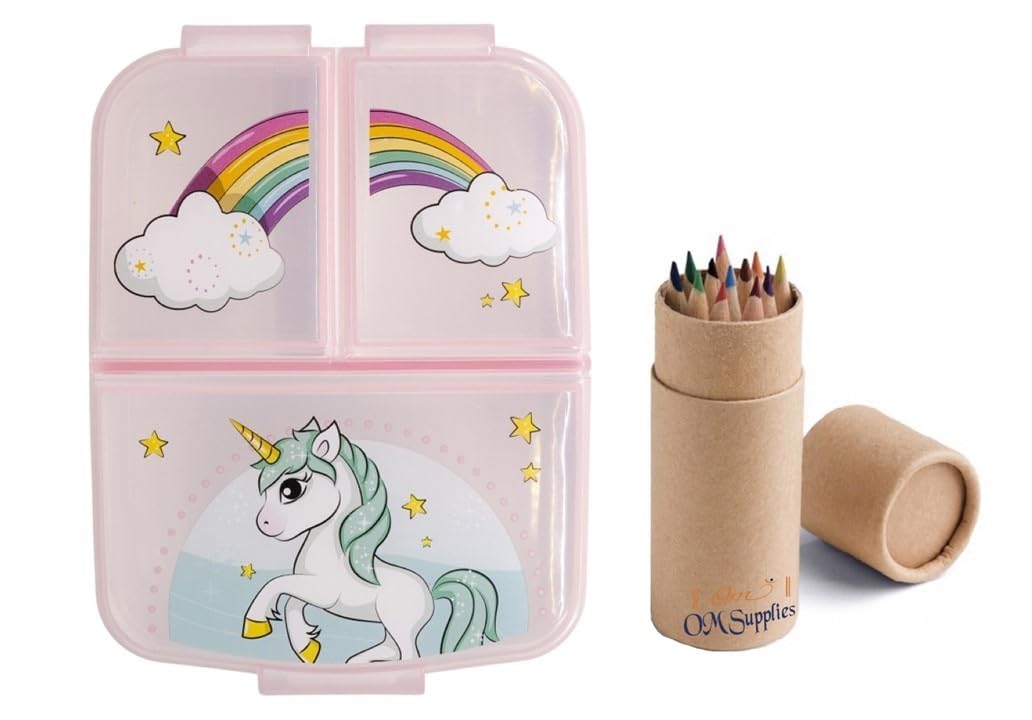 Unicorn Reusable Sandwich Lunch Box 3 Multi Compartment Kids Children School Includes Half Size 12pcs Pencil Set (Unicorn)
