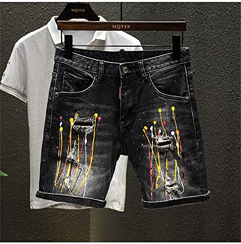 Men's Embroidered Ripped Jean Shorts Washed Distressed Straight Fit Denim Shorts Casual Fashion Printed Jeans Short (Black,30) #TOP1