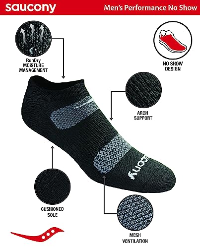 Saucony Men's RunDry Mesh Ventilating Comfort Fit Performance 6, 12, 18 Pairs No-Show Socks, M-XXL, Black Fashion (12 Pairs), Large
