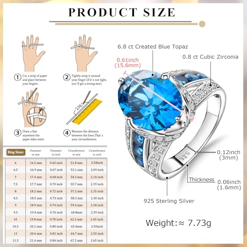 Emerald/Sapphire/Ruby/Tourmaline Rings for Women, 925 Sterling Silver Gemstone Engagement Anniversary Ring Big 6.5-8.5 Carat Birthstone Ring, Size 6 to 10 (Send Gift Box)3