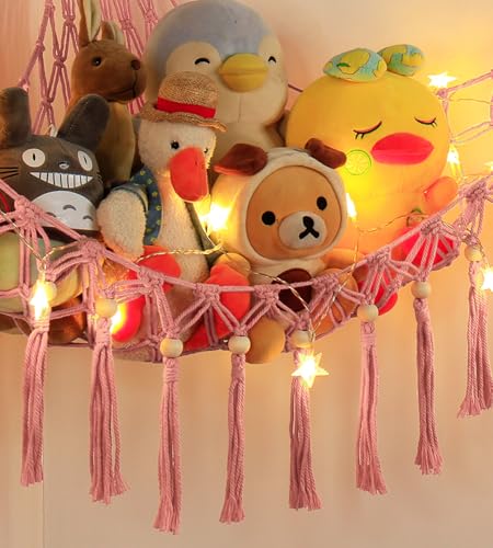Image of Stuffed Animal Storage Hammock Corner with LED Light - Toy Hanging Organizer Plushie Net - Pink Room Decor for Teen Girls - Cute Bedroom Aesthetic Nursery Kids Baby Toddler