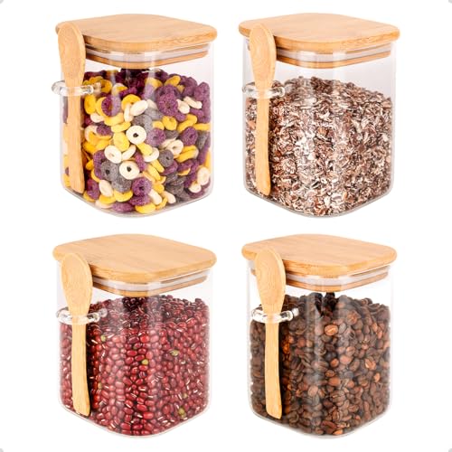 HUALIANG Vorratsgläser mit Deckel und Löffel 4er Set,950 ml Vorratsdosen Glas Eckig Glasbehälter,Meal Prep Glas Luftdicht Gewürzgläser aus...