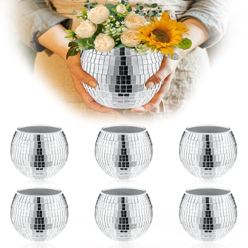 Image of 6 Pcs Disco Vase, Silver Mirror Ball Disco Ball Planter 5 inch X 6 inch Glass Silver Candle Holder White Vases for Centerpieces Table Decorations Party Wedding Birthday Gift
