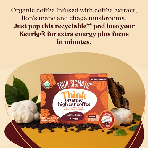 Four Sigmatic High Caffeine Mushroom Coffee K-Cups | Organic Dark Roast Coffee with Lion’s Mane & Yacon | Focus & Immune Support | Vegan & Keto, Sustainable Pods | 24 Count