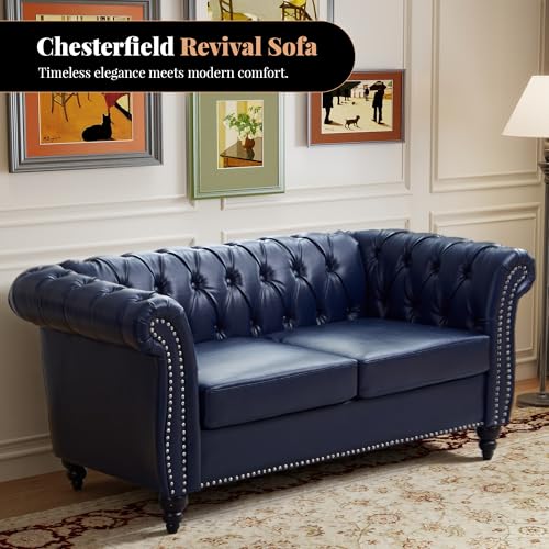 Image of LEVNARY Chesterfield Loveseat, 2 Seater Tufted Couch for Living Room, Classic Button Tufted Upholstered Sofa, Modern Mid-Century PU Leather Loveseat (Blue)