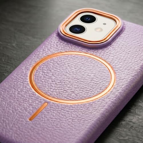 Image of amazon basics Luxury MagSafe Compatible Leather Texture Back Cover for iPhone 12 | Raised Camera Protection | Slim Fit Shockproof Case with Metallic Accents (Purple)