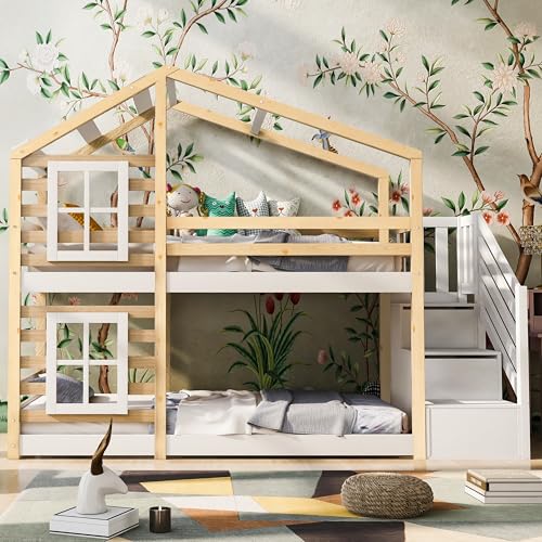 Dolamaní Letto a castello 90 x 200 cm con scala, a soppalco con cassetto e protezione dalle cadute, letto singolo per bambini, 2 reti a doghe, naturale e bianco