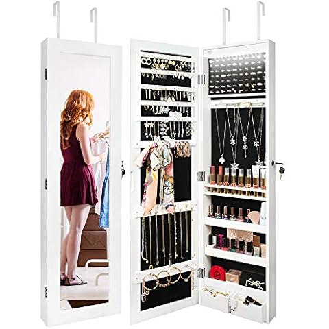 Ezigoo Full Length Mirrors Jewellery Organizer - Door Mount/Wall Mounted Makeup Storage Mirror with LED Lights 110 x 31.5 x 8.7 cm Cover