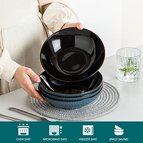 Vancasso Pluvo Pasta Bowls, 36 Oz Stoneware Pasta Serving Bowl Set Of 4, Large Wide Bowls For Pasta, Salad, Cereal, Soup, Microwave & Dishwasher, Oven Safe, Blue #TOP3