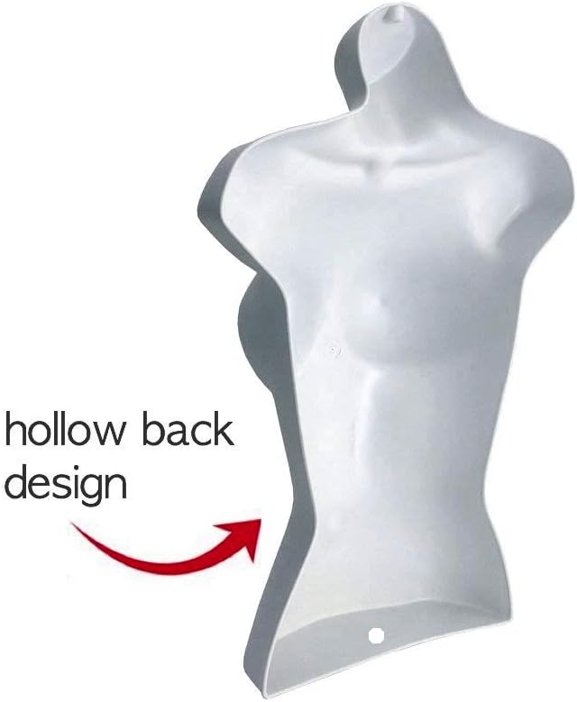 Only Hangers Female Mannequin Torso, Dress Form Hollow Back for T-Shirt Displays, w/Faux Crystal Plastic Stand for Counter Displays. Great for Photos or Garment Display, Easy to Assemble, S-M Sizes.