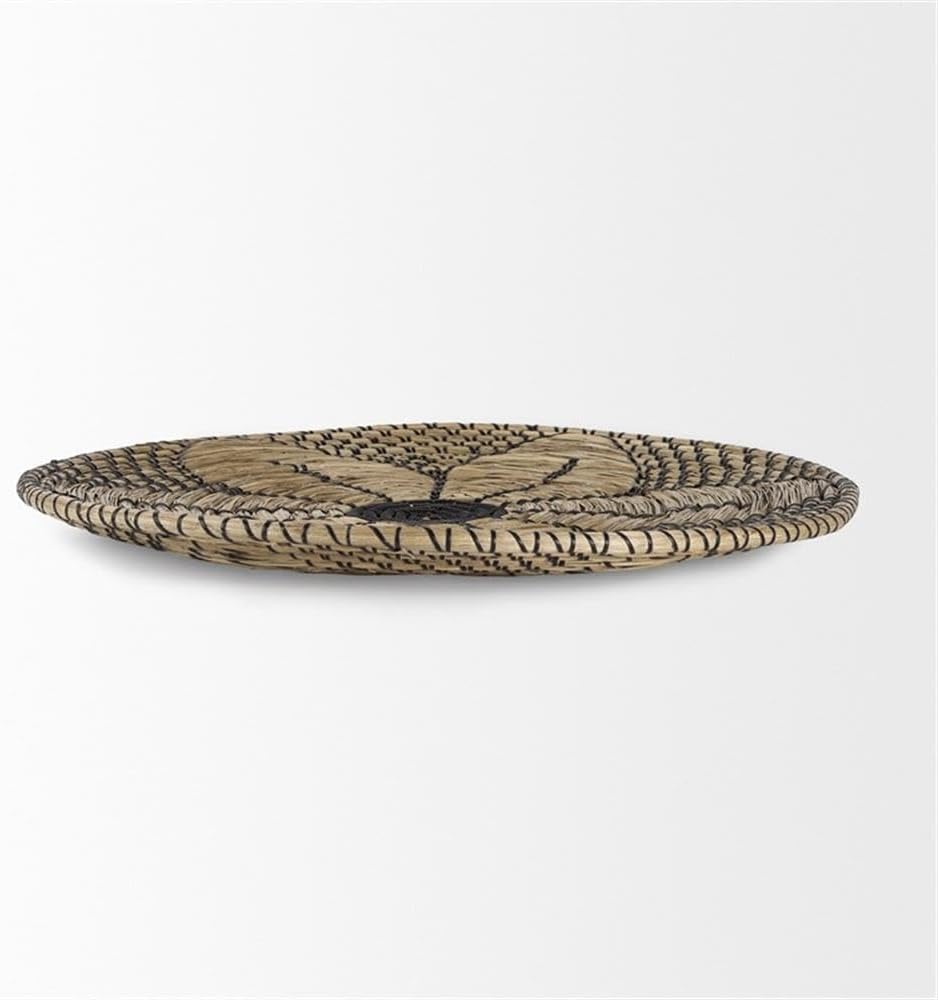 Pemberly Row Round Wall Hanging Plate, 24 in Diameter, Woven Seagrass with Black String, Light Brown Finish, Handcrafted Boho Tropical Decor for Living Room or Bedroom Decorations