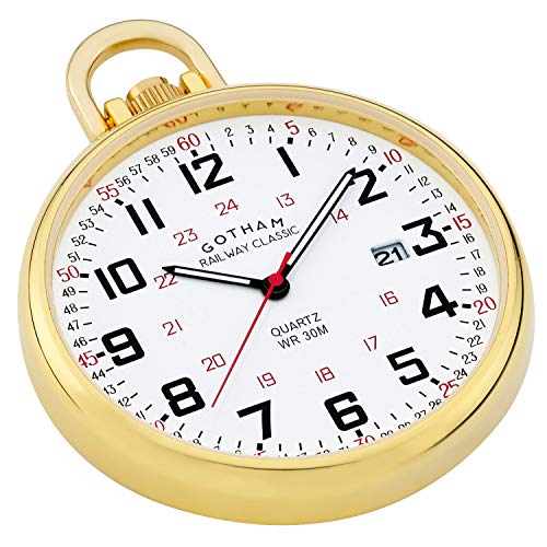 Gotham Men's Gold Plated Stainless Steel Analog Quartz Date Railroad Style Pocket Watch # Gwc14107G #TOP1