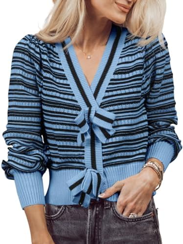 Saodimallsu Womens Striped Cropped Sweaters V Neck Cute Bow Tie Puff Sleeve Loose Knit Trendy Pullover Sweater