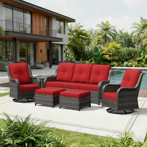Image of Joyside 6 Piece Wicker Patio Furniture Set, Outdoor Swivel Rocker Patio Chairs with High Back, Deep Seating, Wide Armrest, Thickened Cushions, Outdoor Furniture for Deck, Porch Use