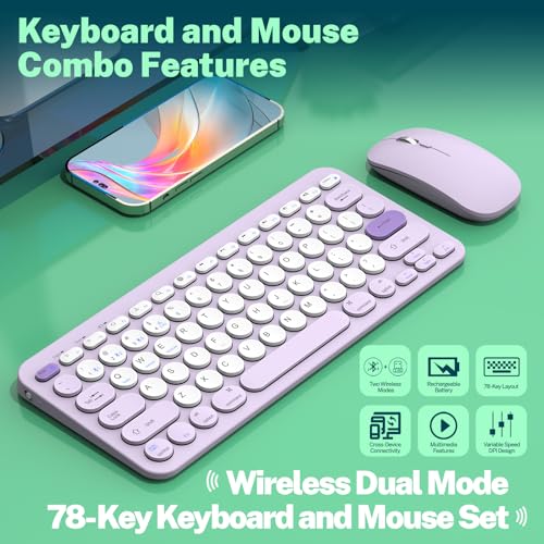 Wireless Keyboard and Mouse, Compact Multi-Device Bluetooth Keyboard and Mouse Combo, Silent Adjustable 2400 DPI, 2.4G+Bluetooth Computer Keyboards for Laptops Mac PC, Chrome OS, Travel (Purple)