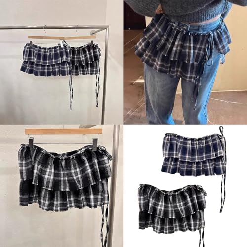 Women Layering Wrap Skirt Hip Scarf Plaids Checkered Tiered Ruffled Hip Covering Tie Up Bandage A Line Short Apron Skirt Black2