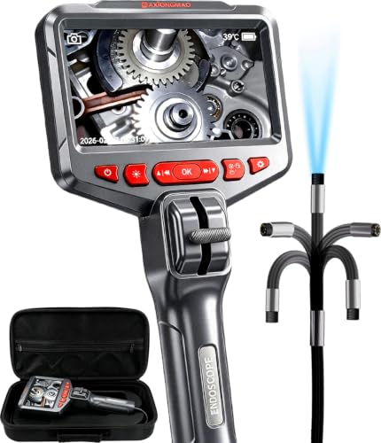Image of Two-Way Articulating Borescope, 1080P HD Industrial Endoscope Inspection Camera with 8 LED Lights, Mechanical Tool for Automotive, HVAC, Plumbing, IP67 Waterproof & 5ft Semi-Rigid Flexible Snake Probe