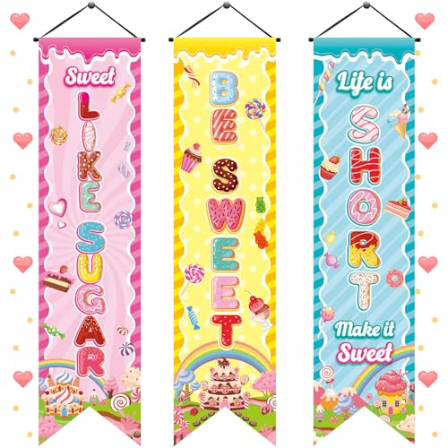 Image of Chiisong 3 Pcs Candyland Party Decorations Sweet Candy Banners Donut Lollipop Porch Sign Candy Land Hanging Flags Photo Props Backdrop Supplies for Outdoor Door Wall Yard Birthday Baby Shower