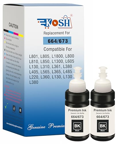 Image of KOSH T664 Refill Ink Compatible for Epson L130, L310, L361, L380, L405, L565, L365, L485, L220, L360, L130, L130 and L380 Printers (2, Black Pack of 2)