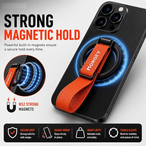 Image of Morofy Magnetic Phone Grip for iPhone & Android Devices with Magnetic Ring Included, Adjustable Finger Strap Stand Holder (Orange)