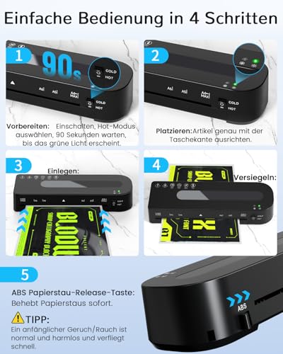 MAXDONE Laminiergerät A4 Laminiermaschine - Heiß und Kalt Laminiergerät 80-125 Mic mit 10 Laminierfolien, A4/A5/A6 Laminiergeräte Laminator 90-s Aufwärmen für Heimgebrauch Büro Schule Fotos (Schwarz)