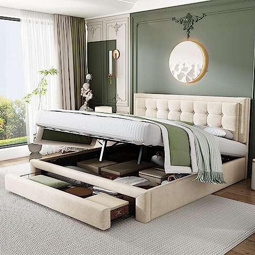 Rtopsu Letto Imbottito Letto Matrimoniale 160x200 cm, Letti con Contenitore e Cassetti, Struttura del Letti con Rete a Doghe in Legno e Telaio Idraulico in Metallo, Velluto, Beige, Senza Materasso
