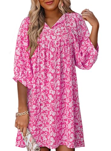 Image of Dokotoo Sundresses for Women 2025 Summer Beach Short Sleeve Drawstring V Neck Boho Floral Vacation Outfits for Women Casual Loose Flowy Mini Babydoll Dresses Swimsuit Coverup Dress Rosy X-Large