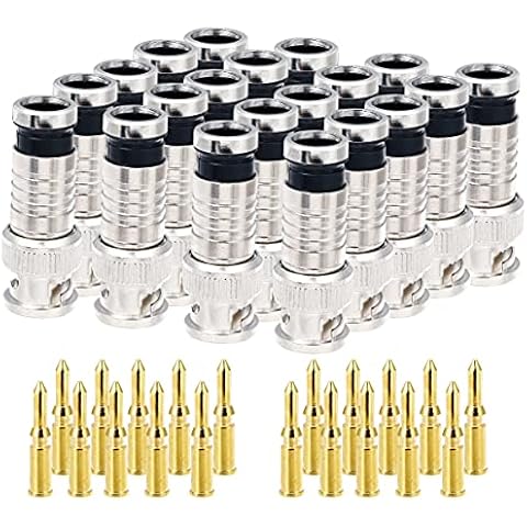 VFLTOOL 20PCS BNC Compression Connector 75 Ohm Coupler with Copper Pin for RG58-59 Crimper Video Plug Extension Coaxial Siamese Cable Crimper Adapter Male CCTV Home Security Camera Antena System Cover
