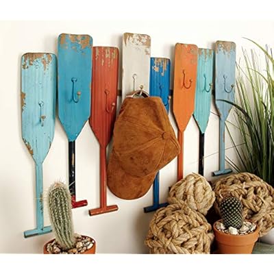 Deco 79 Metal Paddle Indoor Outdoor Distressed Oar Shaped 8 Hooks Wall Hook, 26" x 1" x 20", Multi Colored 51IIR1pUZoL. SS400