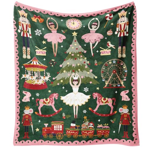 Christmas Throw Blanket for Couch 60x50,Green Winter Holiday Festival Cute Xmas Nutcracker Christmas Tree Blankets for Woman,Soft Flannel Fleece Blankets for Home Living Room Bed Chair Decor