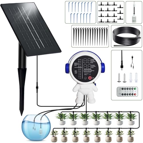 BEMTTALY Solar Drip Irrigation System for Garden/Outdoor/Indoor, Garden Solar Automatic Watering System for 15 Potted Plants, Vacation Automatic Plant Waterer Outdoor with 2500mAh Battery, 50Ft Tube
