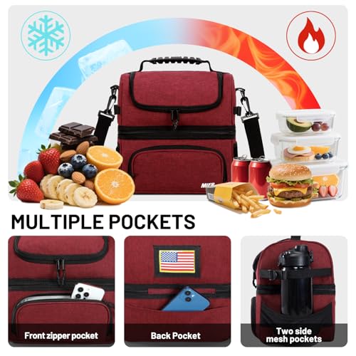 MIER Dual Compartment Lunch Bag Tote with Shoulder Strap for Men and Women Insulated Leakproof Cooler Bag, Dark Red by MIER - Image 3