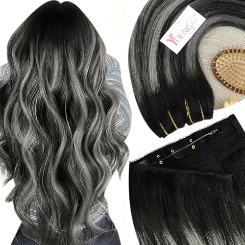 Image of YoungSee 125G Wire Hair Extensions Black Ombre, Natural Black Roots to Silver Balayage, Human Hair Fish Line Extensions, Secret Wire Hair Extensions for Natural Look, 16 Inch 1 Piece Straight Hair