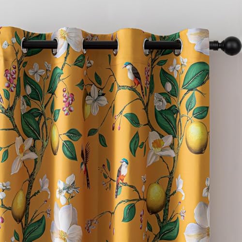 Image of MYSKY HOME Yellow Floral Blackout Curtains 84 inch Long for Living Room Vintage Mid Century Style Lemon Hummingbird Patterned Room Darkening Privacy Drapes Grommet Bedroom Dining Room, 2 Pcs, 52 inchWide