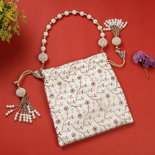 Image of LONGING TO BUY Indian Embroidered Pearl Potli Bag For Women, Sequence Design with Tassel, Wedding Potli Bags