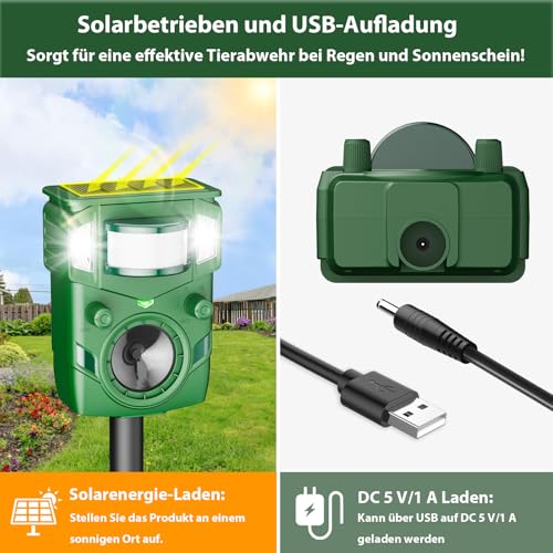 Katzenschreck Ultraschall Solar Abwehr - 2025 Verbesserte Bewegungssensor Abschreckung für Katzen, Hunde, Marder, Rehe und Eichhörnchen,Tierabwehr mit PIR-Sensor und Blitz, IP65 wasserdicht, Hundeschr