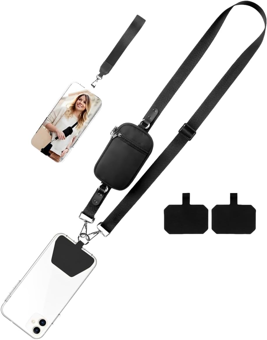 WAHK RAHK Crossbody Phone Lanyard with Zippered Pouch โ Anti-Theft Phone Strap with Purse for iPhone & Android | Mobile Phone Neck Strap Holder for Women Men | Phone Safety Tether and Sling Accessory